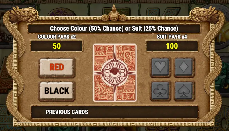 Aztec Idols gamble screen: colour (x2) or suit (x4)