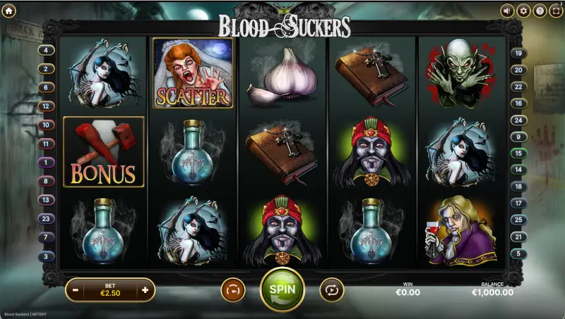 Blood Suckers slot game by NetEnt main reels screen with vampire-themed symbols and Spin button