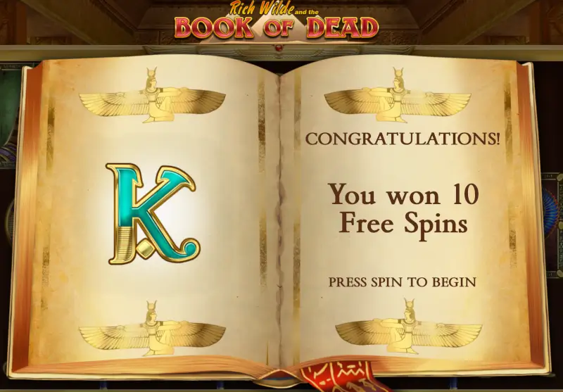 Book of Dead Free Spins start screen - selected special expanding symbol