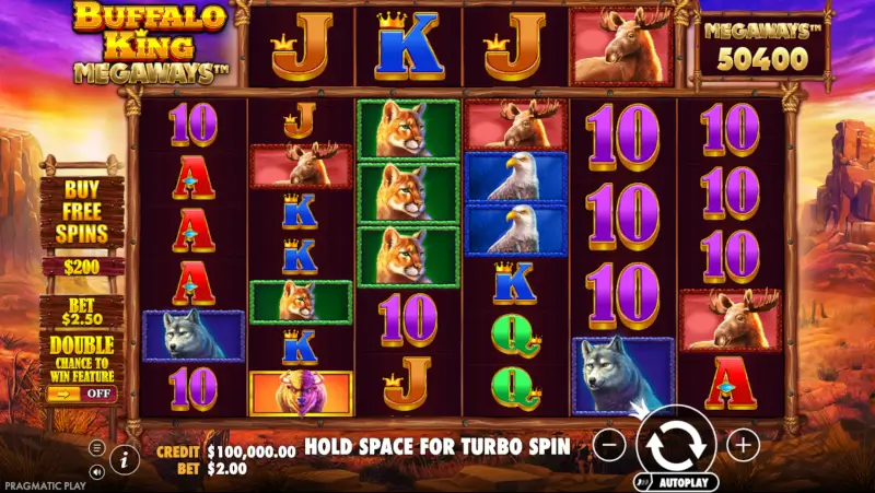 Buffalo King Megaways interface showing 6 reels, Megaways layout, and control panel
