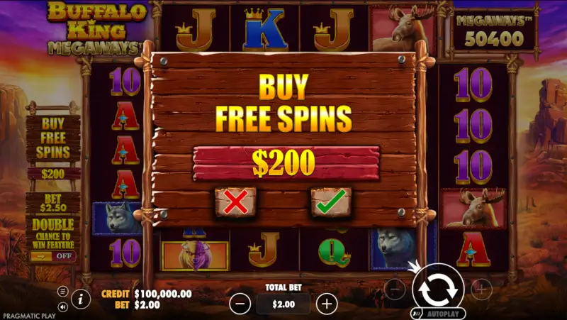 Buffalo King Megaways Buy Free Spins screen showing 100x cost