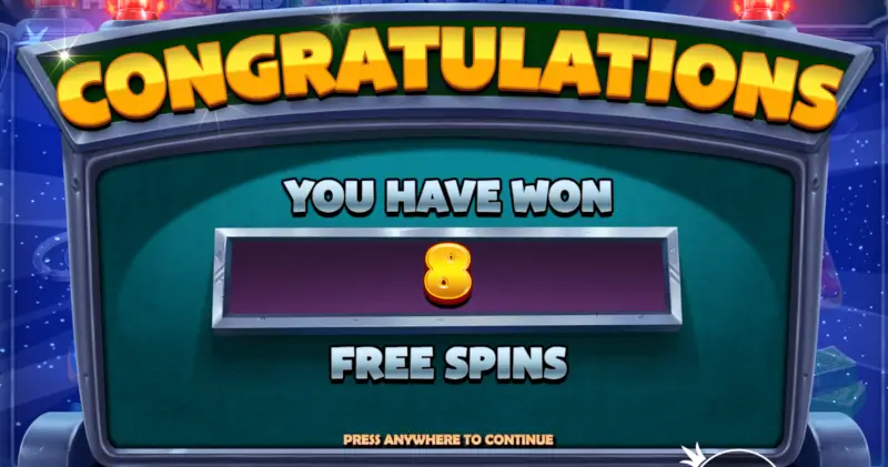 Cash Patrol Free Spins start screen showing the bonus trigger and 8 free spins awarded