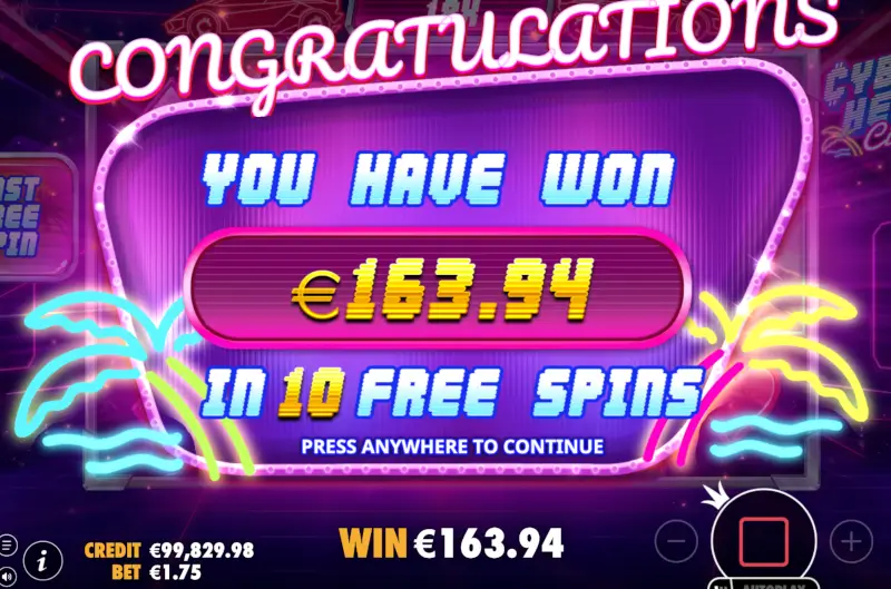 Cyberheist City Free Spins total win summary screen