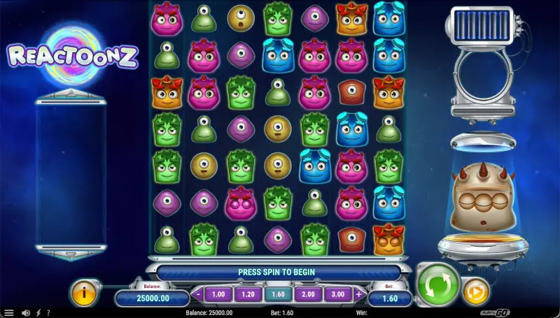 Reactoonz gameplay interface showing a 7x7 grid, bet controls, and the Quantum panel on the right