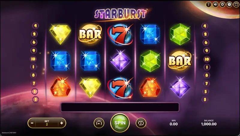 Starburst base game interface with bet controls and payline markers