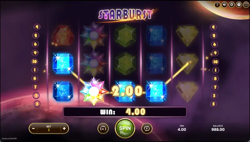 Starburst reels showing classic symbols - gems, BAR, lucky 7