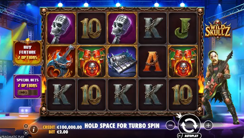 Wild Skullz slot by Pragmatic Play base game screen showing 5x3 reels with rock-themed symbols and the feature buy option