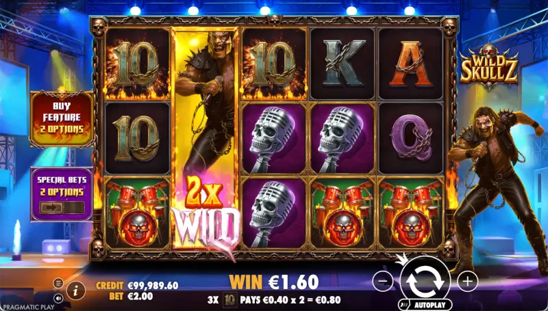 Wild Skullz slot reels with a 2x Wild expanding symbol landing in the middle and a small win shown on the bottom bar