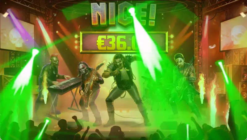 Wild Skullz win animation showing a rock band on stage with green lights and a Nice win amount displayed