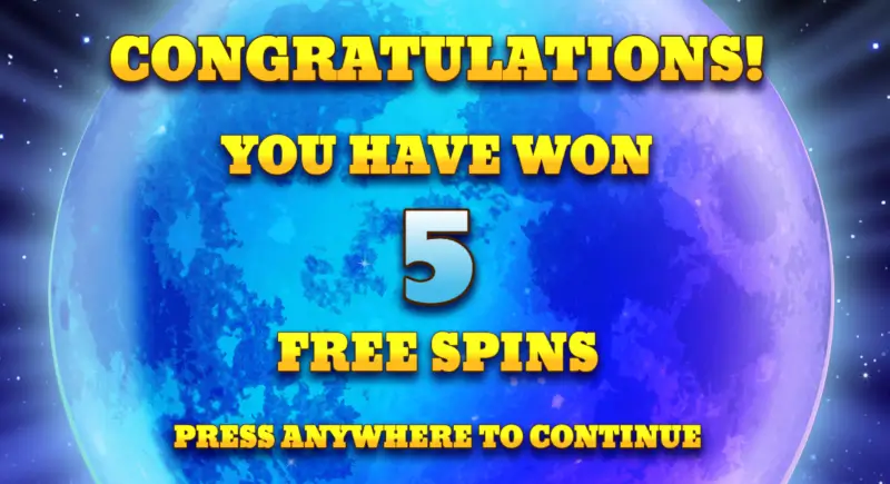 Wolf Gold Free Spins award screen stating you have won 5 free spins
